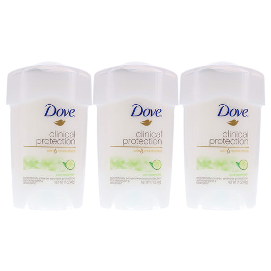 Dove Clinical Protection Cool Essentials deodorant stick in a three-pack for everyday freshness