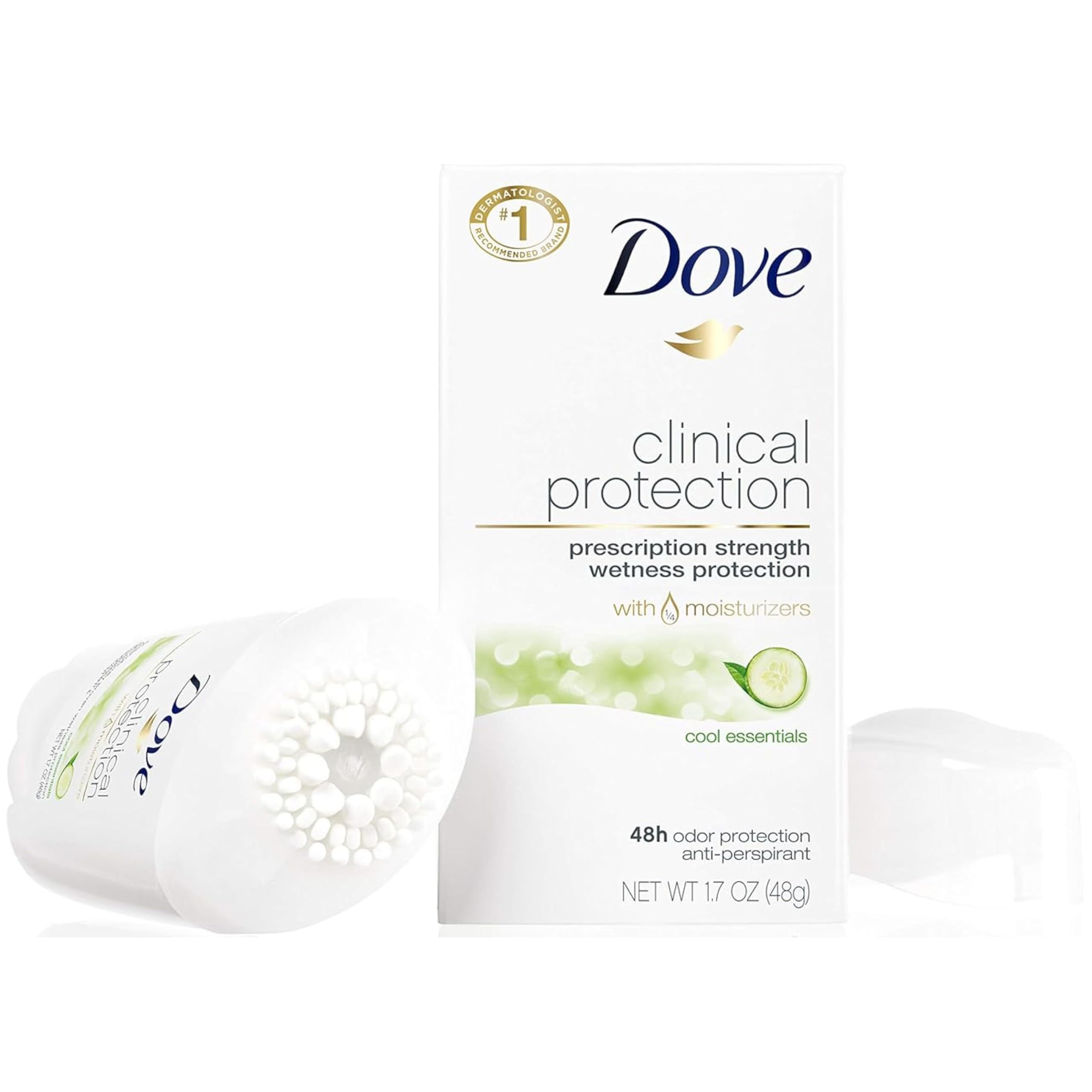 Dove Clinical Protection Cool Essentials six-pack with twist-base applicator for daily use.
