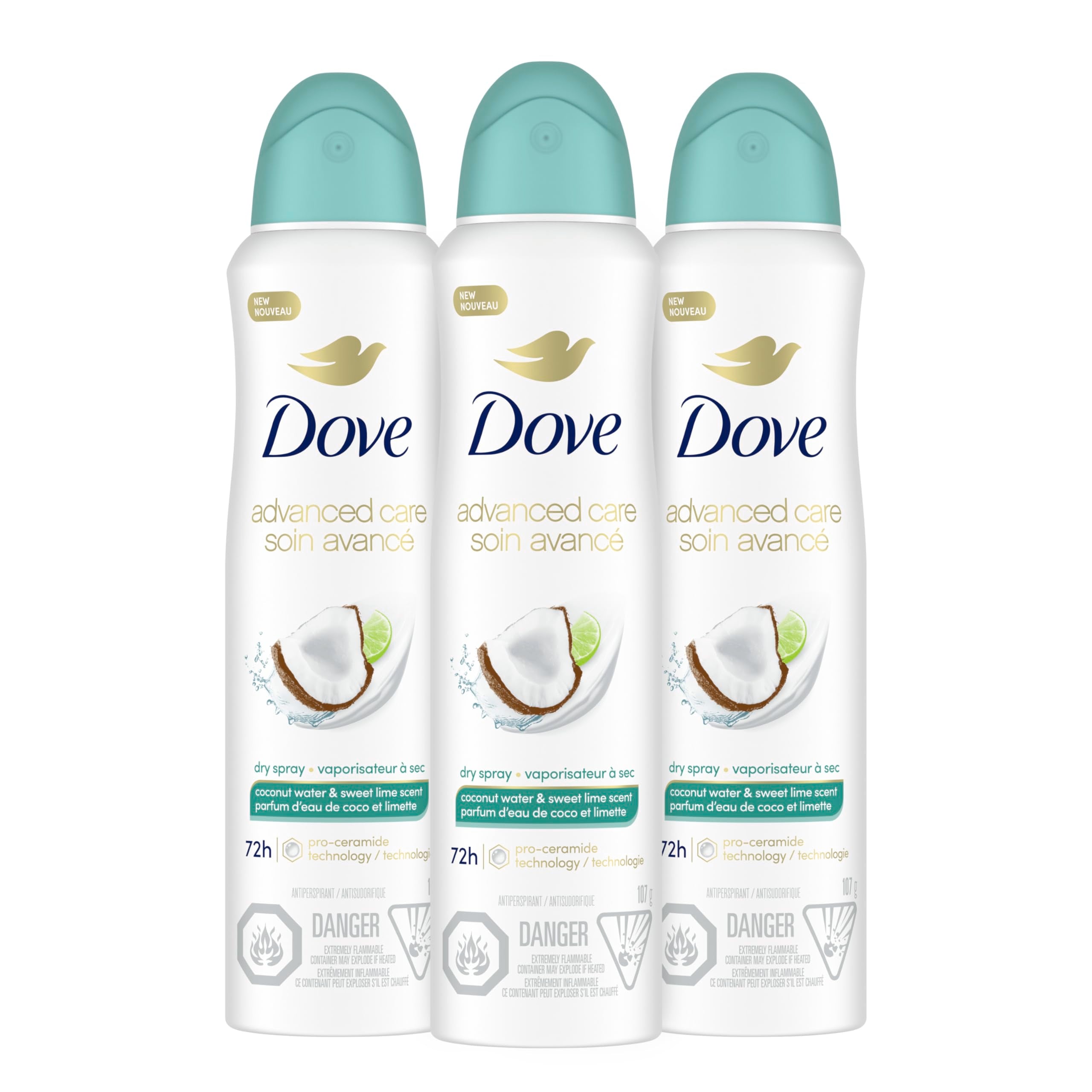 Dove Coconut Water & Lime Dry Spray bottle on display, fresh and ready to use.