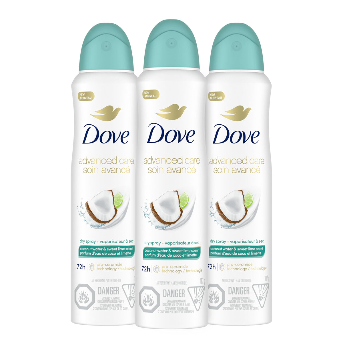Dove Coconut Water & Lime Dry Spray bottle on display, fresh and ready to use.