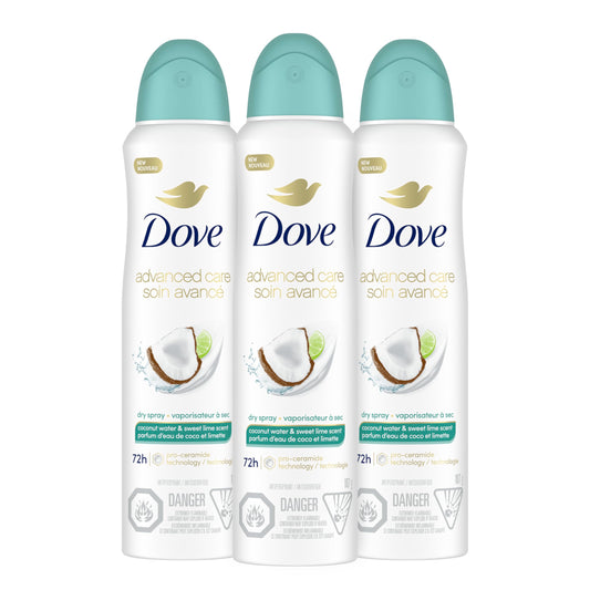 Dove Coconut Water & Lime Dry Spray bottle on display, fresh and ready to use.