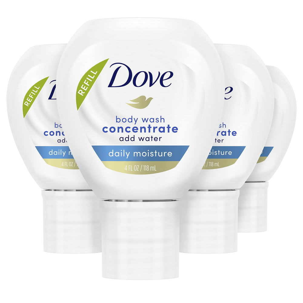 Dove Concentrate refill four-pack with reusable bottle for easy setup and reduced waste