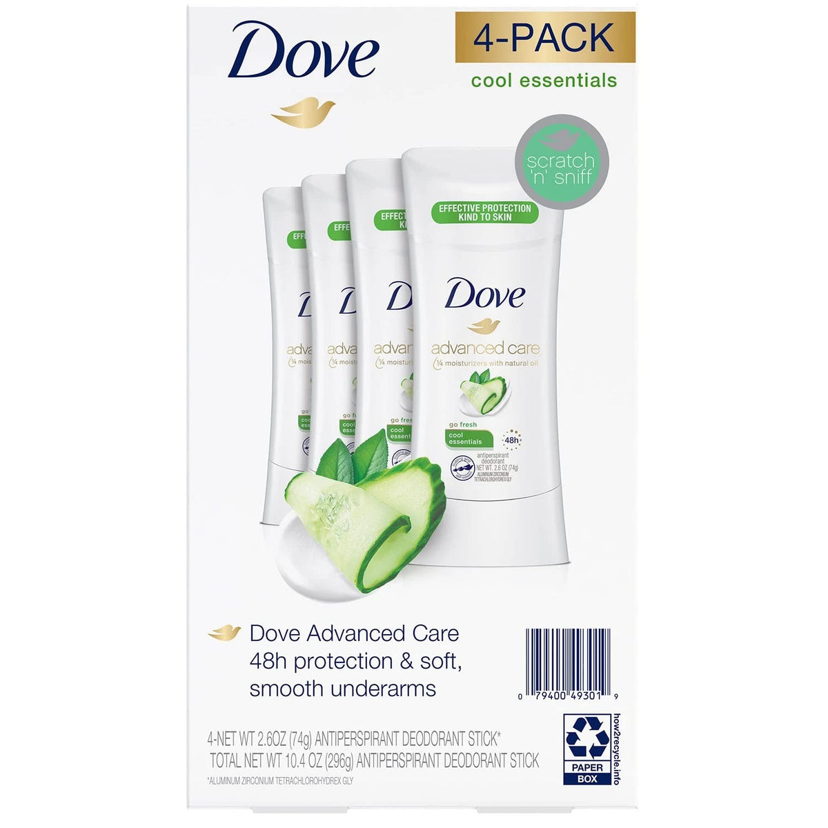 Dove Cool Essentials deodorant stick with cucumber and green tea for all-day freshness.