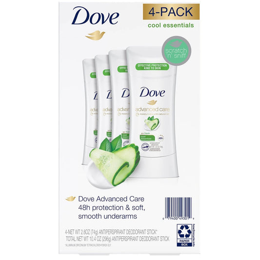 Dove Cool Essentials deodorant stick with cucumber and green tea for all-day freshness.
