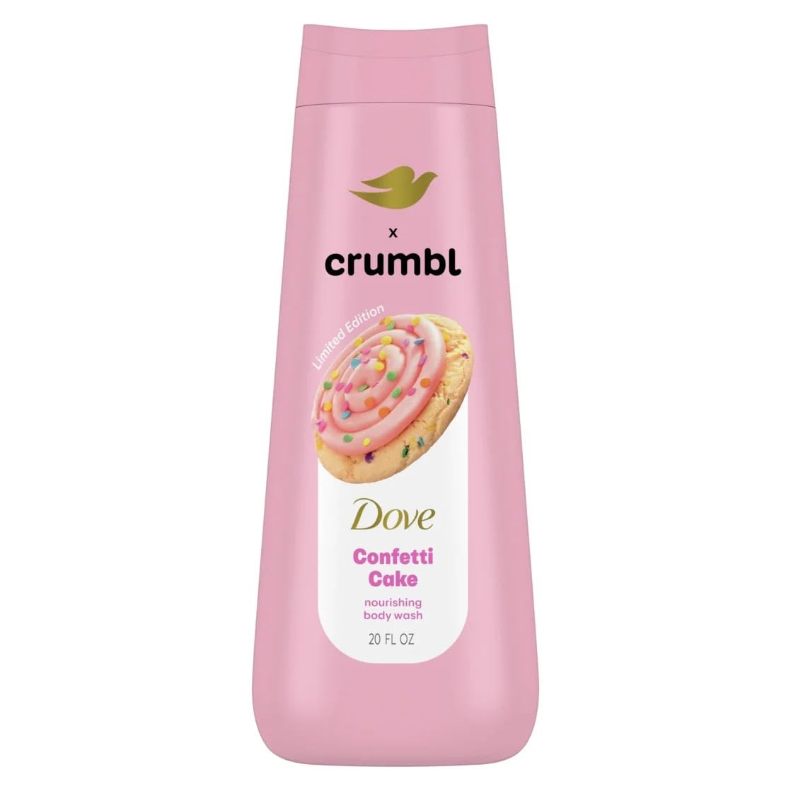 Dove Crumbl Confetti Cake body wash label close-up showing fragrance notes