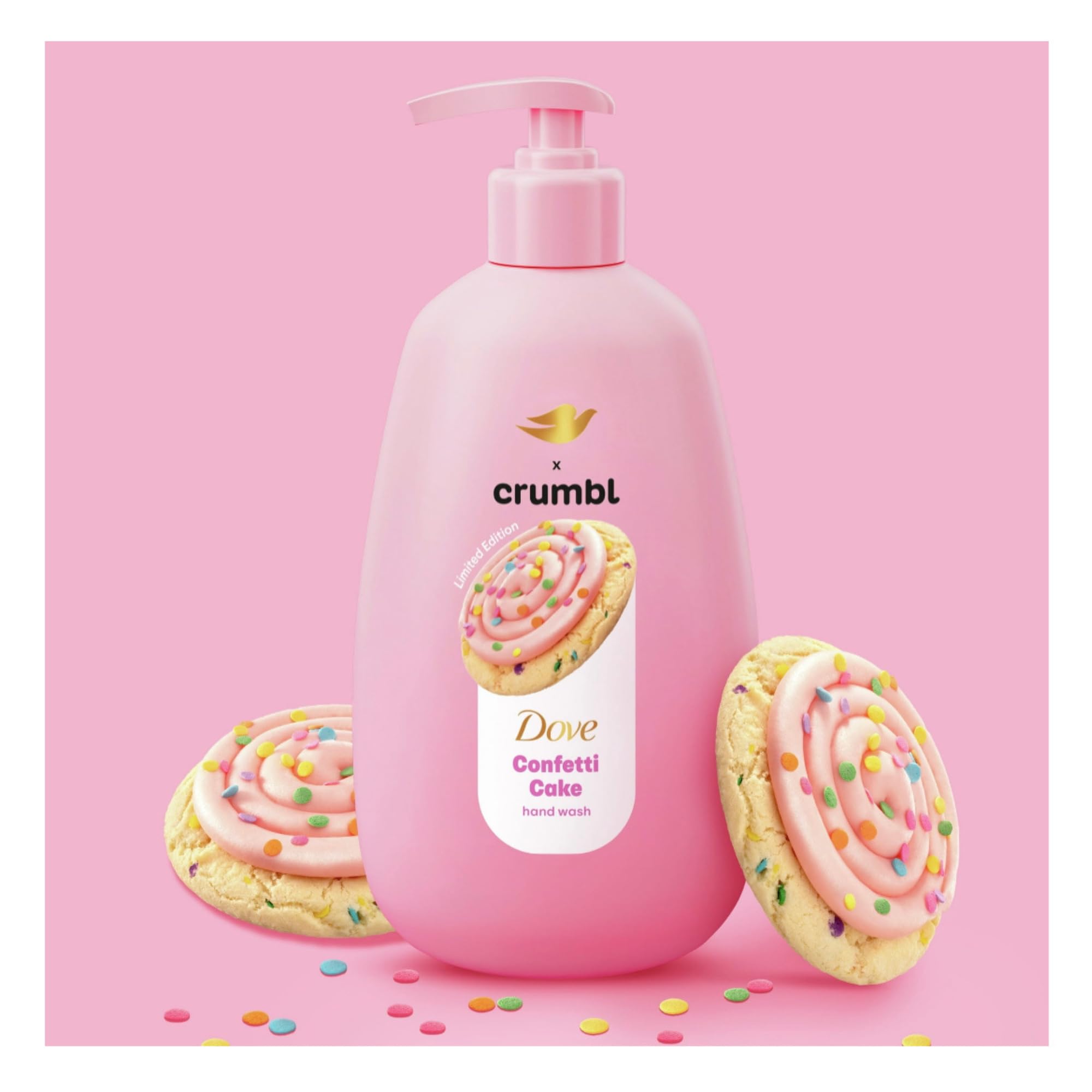 Dove Crumbl Confetti Cake bottle close-up with warm sugar cookie scent