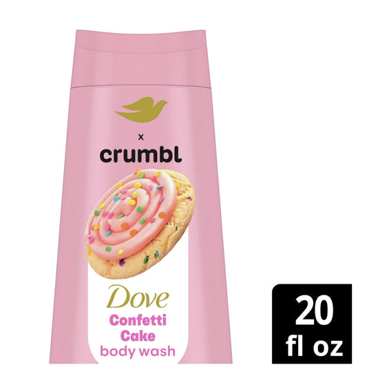 Dove Crumbl Confetti Cake scrub bottle pictured with 15 oz size for exfoliation.