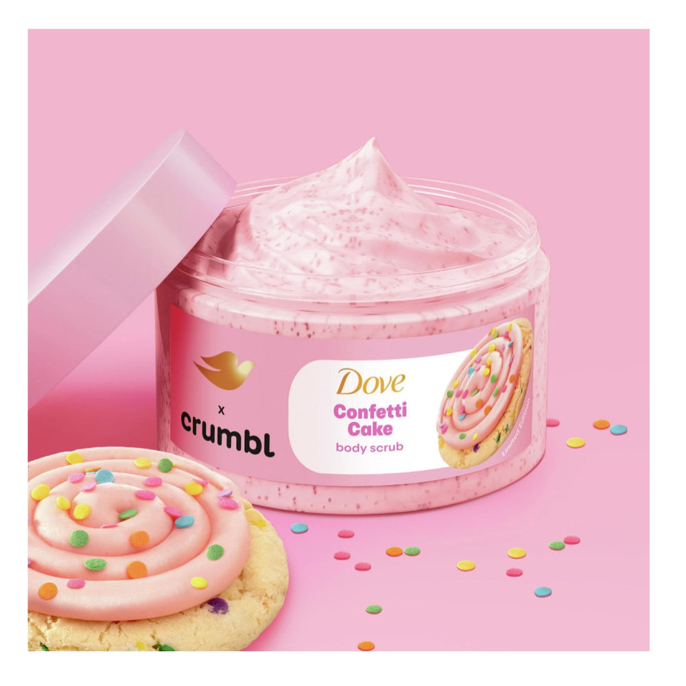 Close up of Dove Crumbl Confetti Cake scrub texture for gentle exfoliation.