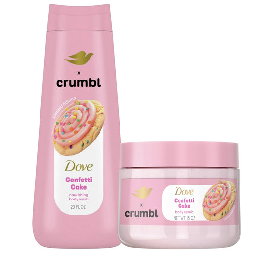 Dove Crumbl Confetti Cake body wash bottle front for a sweet, refreshing cleanse.
