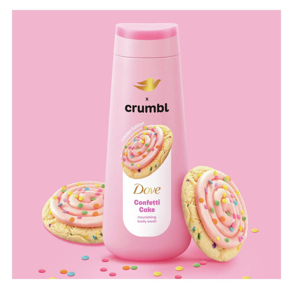 Rich foam from Dove Crumbl Confetti Cake body wash in a lather.