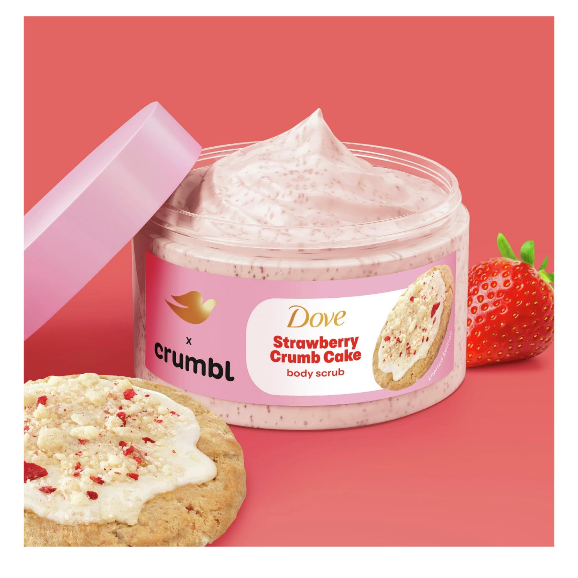 Close-up of Dove Crumbl scrub texture with creamy exfoliating particles.