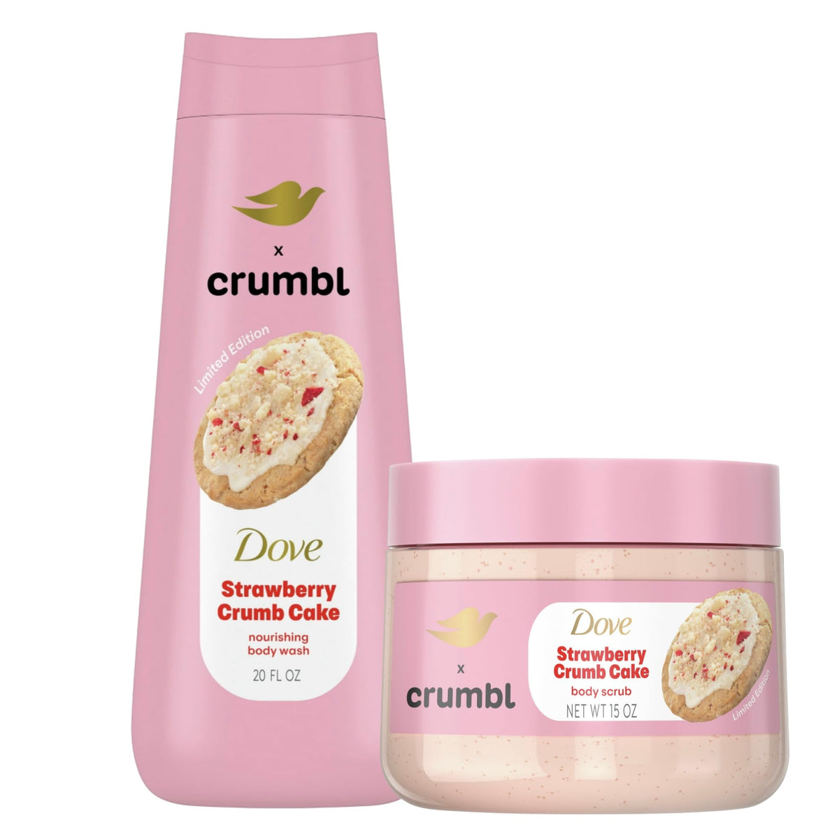 Dove Crumbl moisturizing wash bottle with strawberry crumb cake scent for nourished skin.