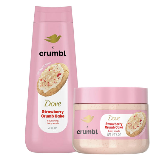 Dove Crumbl moisturizing wash bottle with strawberry crumb cake scent for nourished skin.