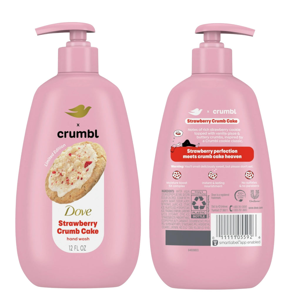 Pump dispenser and 12 oz Dove Crumbl bottle ready for sink.