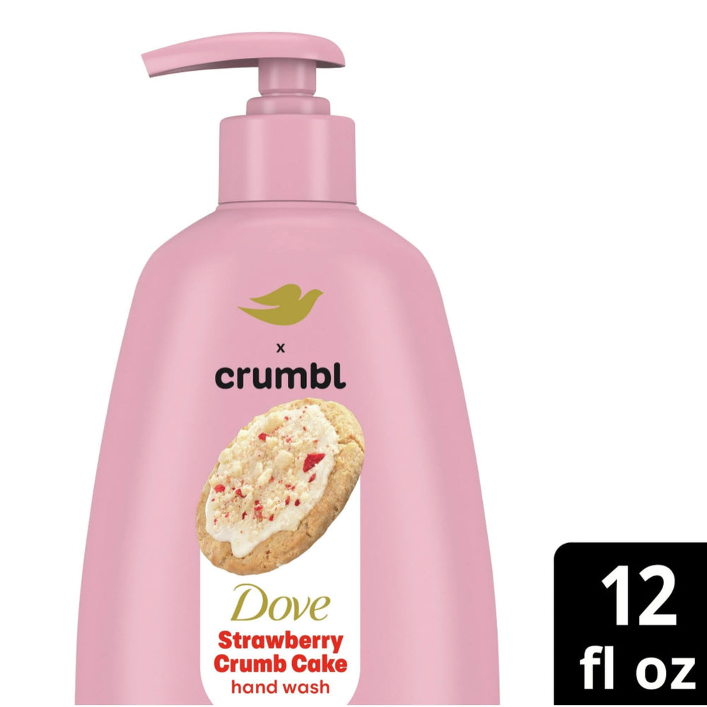Dove Crumbl hand wash bottle on kitchen counter with strawberry cookie scent.