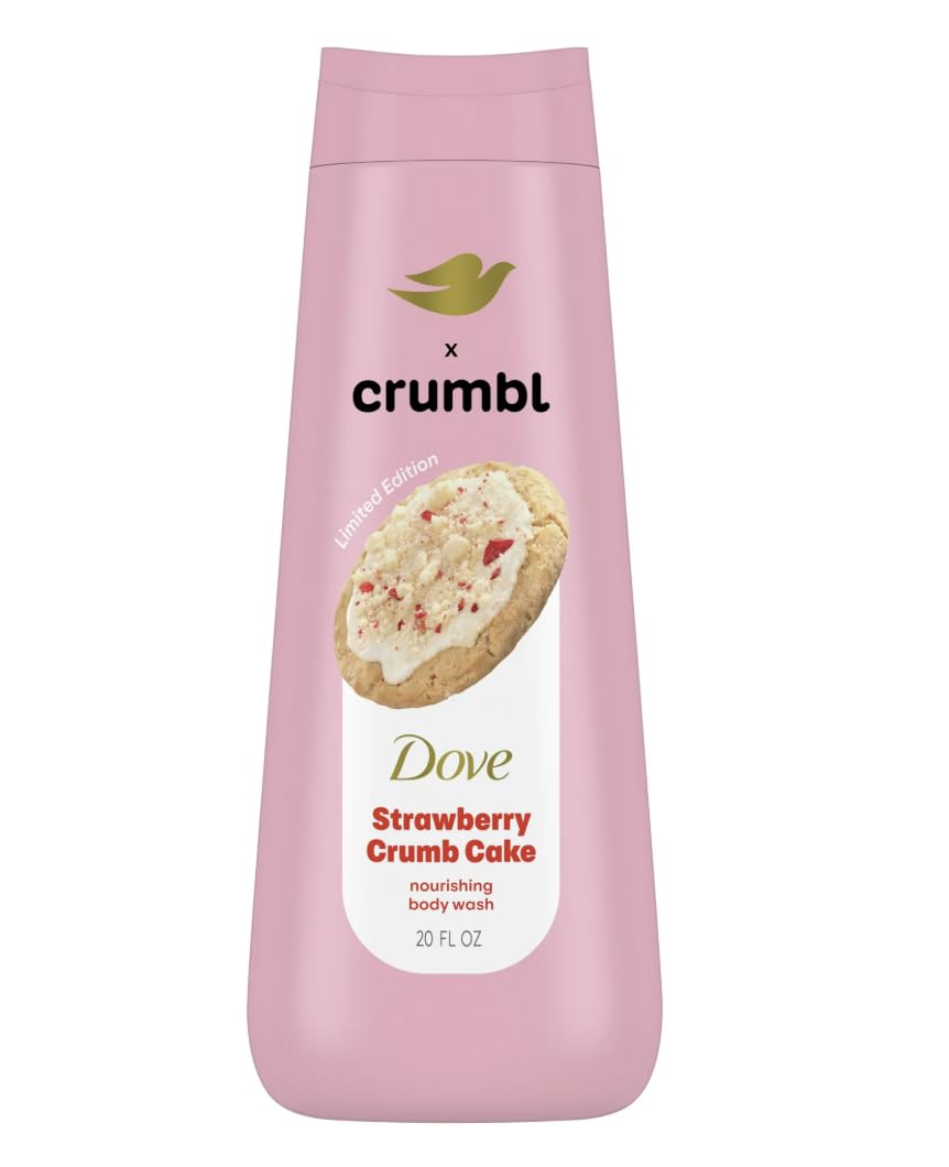 Dove Crumbl Strawberry Crumb Cake body wash bottle with berry scent for daily hydration