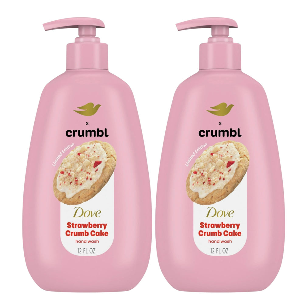 Dove Crumbl hand wash two-pack bottles with pump for convenient everyday use.