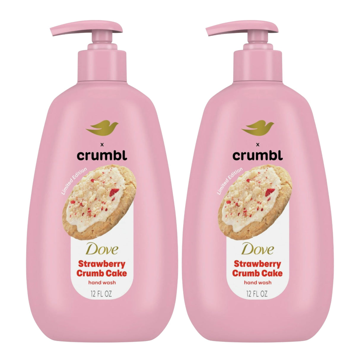 Dove Crumbl hand wash two-pack bottles with pump for convenient everyday use.
