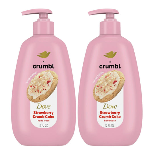 Dove Crumbl hand wash two-pack bottles with pump for convenient everyday use.
