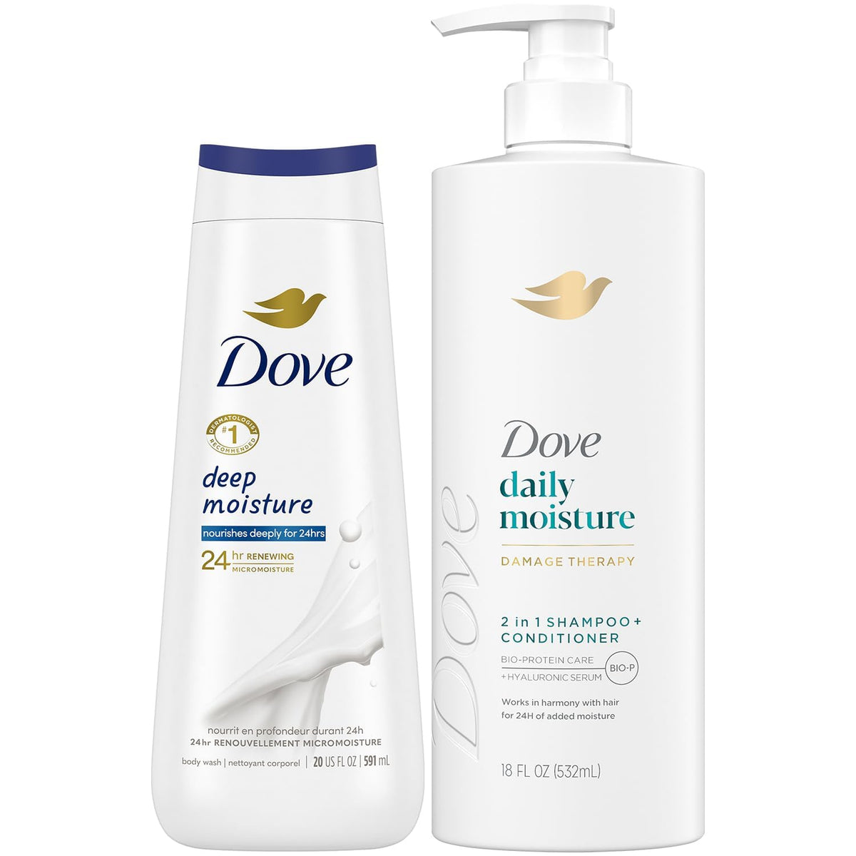 Dove Daily Moisture 2-in-1 shampoo bottle for hydrated hair
