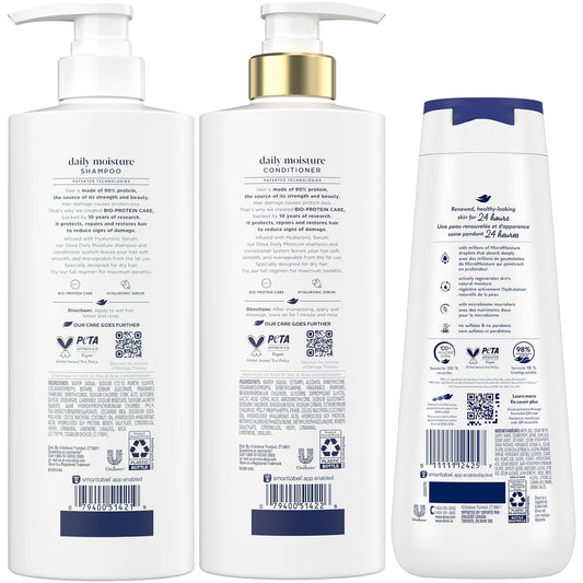 Dove Daily Moisture Conditioner bottle highlights smoother, frizz-controlled hair with rich moisture.