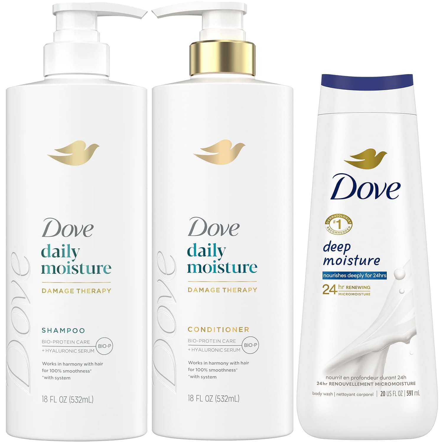 Dove Daily Moisture Shampoo bottle shows hydrating formula for softer, manageable hair.