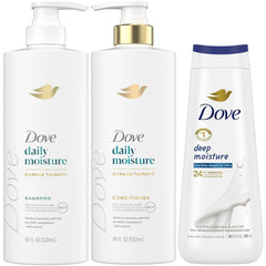 Dove Daily Moisture Shampoo bottle shows hydrating formula for softer, manageable hair.