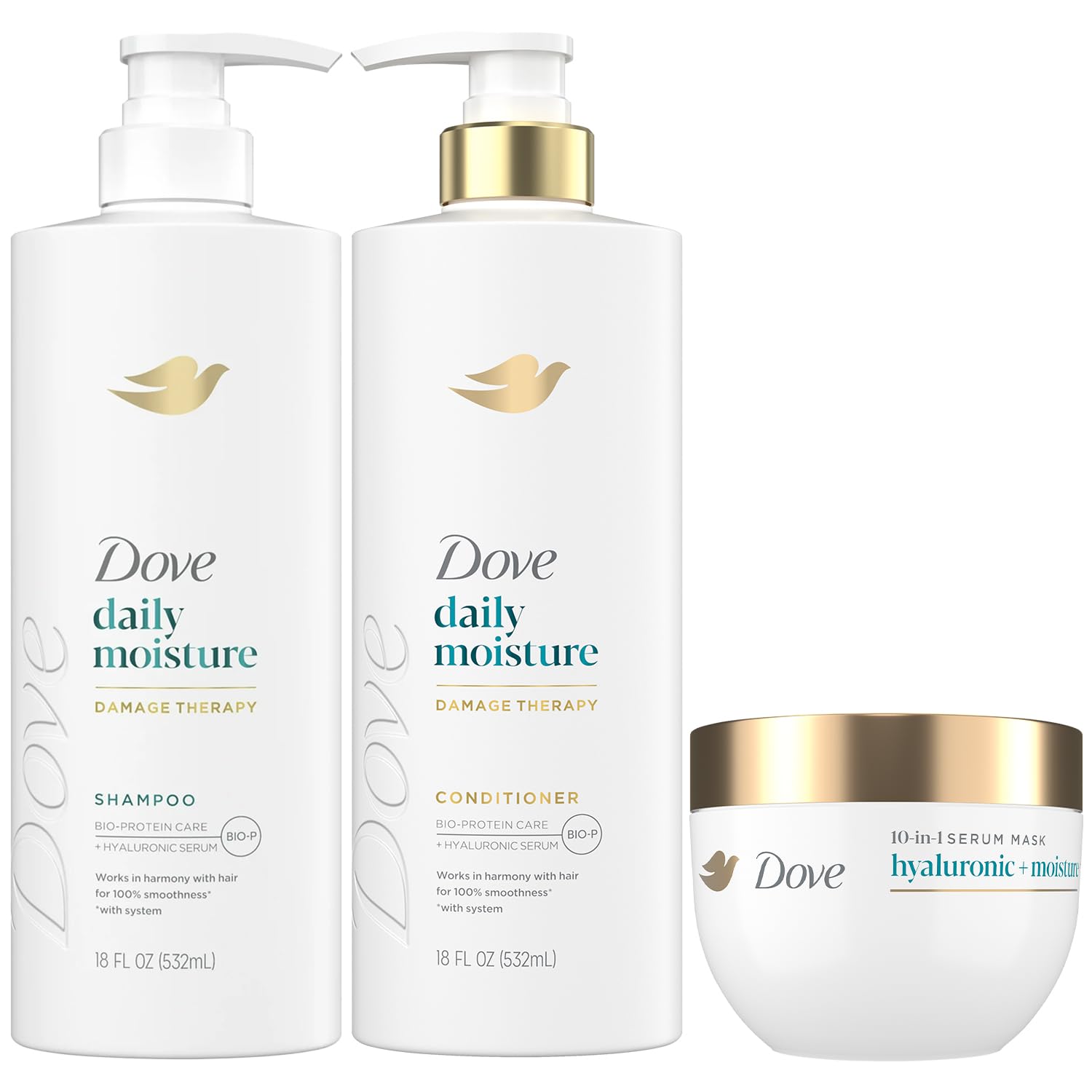 Dove Daily Moisture Shampoo pump bottle delivering smooth, hydrated hair.