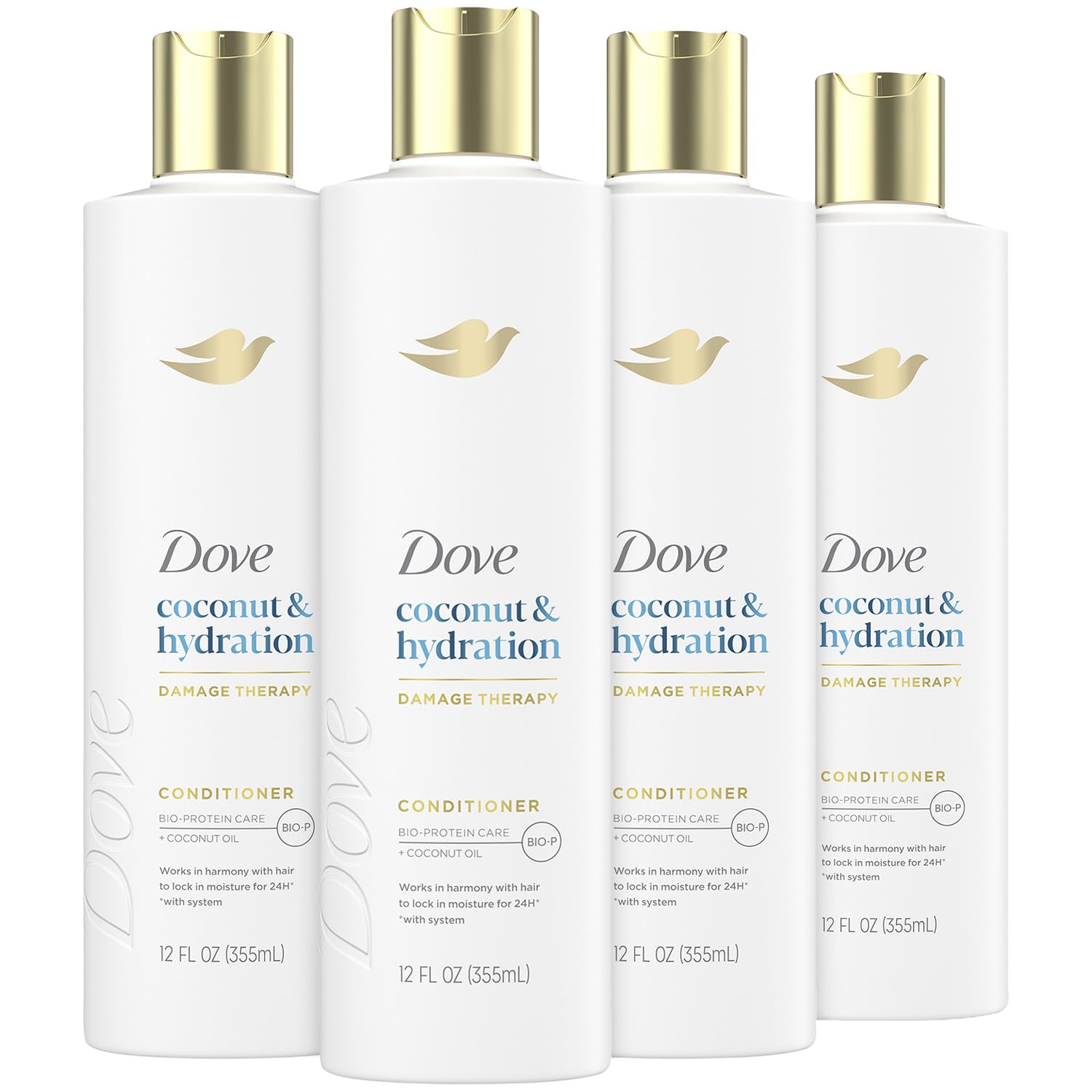 Dove Damage Therapy Conditioner 4-pack packaging highlights coconut hydration for daily hair care.