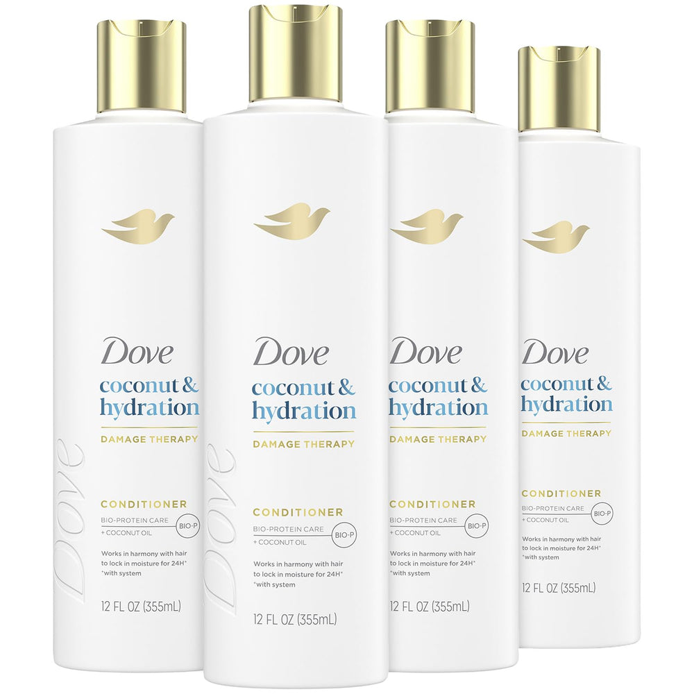 Dove Damage Therapy Conditioner 4-pack packaging highlights coconut hydration for daily hair care.