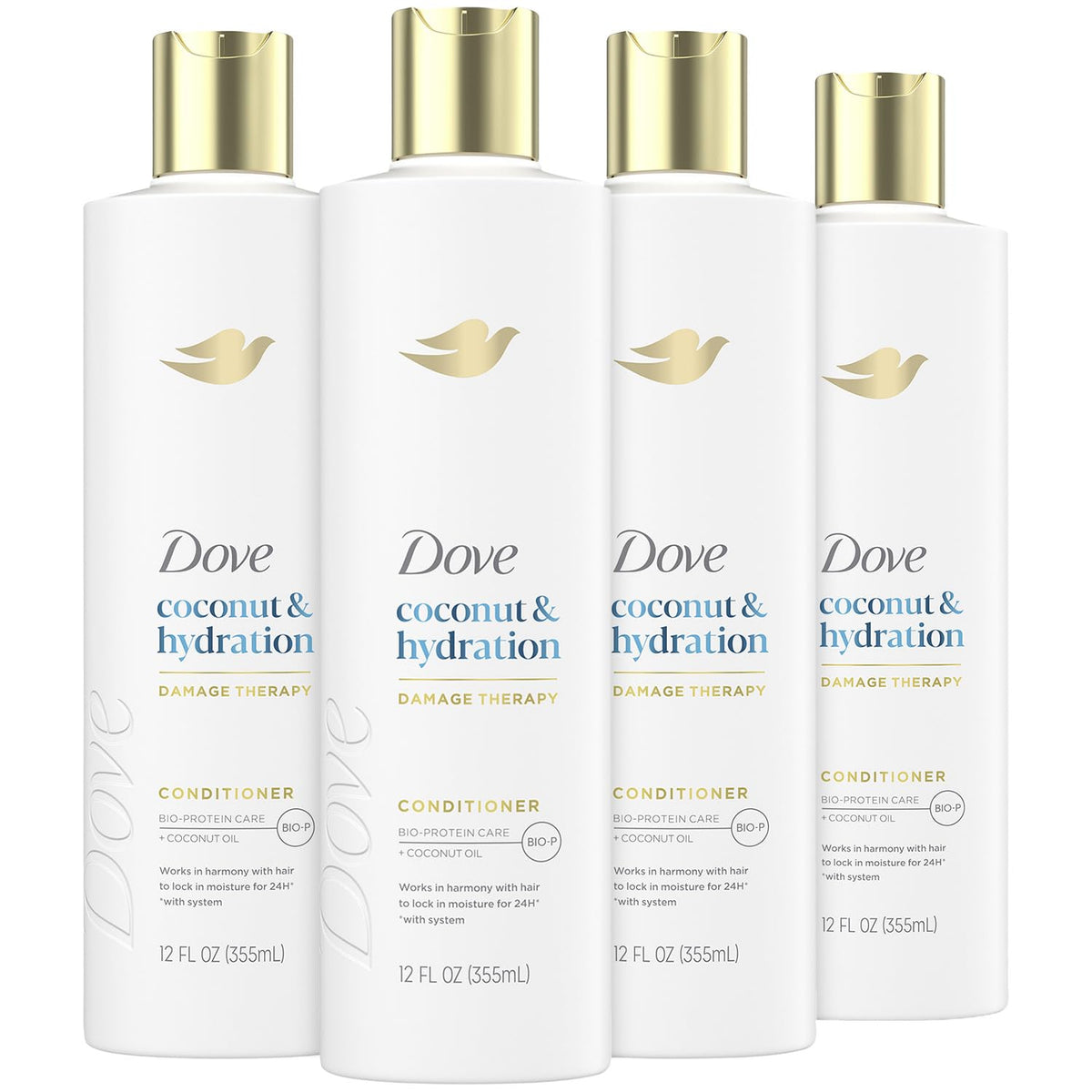 Dove Damage Therapy Conditioner 4-pack packaging highlights coconut hydration for daily hair care.