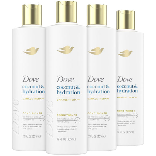 Dove Damage Therapy Conditioner 4-pack packaging highlights coconut hydration for daily hair care.