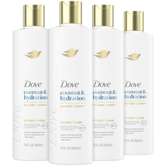 Dove Damage Therapy Conditioner 4-pack packaging highlights coconut hydration for daily hair care.