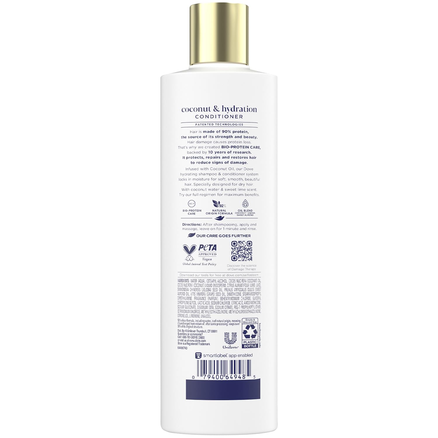 Close-up of Dove Damage Therapy Conditioner bottle emphasizing lightweight coconut formula for smoother hair.