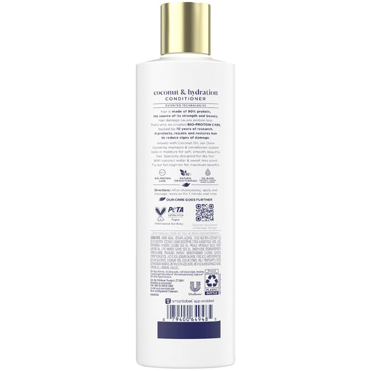 Close-up of Dove Damage Therapy Conditioner bottle emphasizing lightweight coconut formula for smoother hair.
