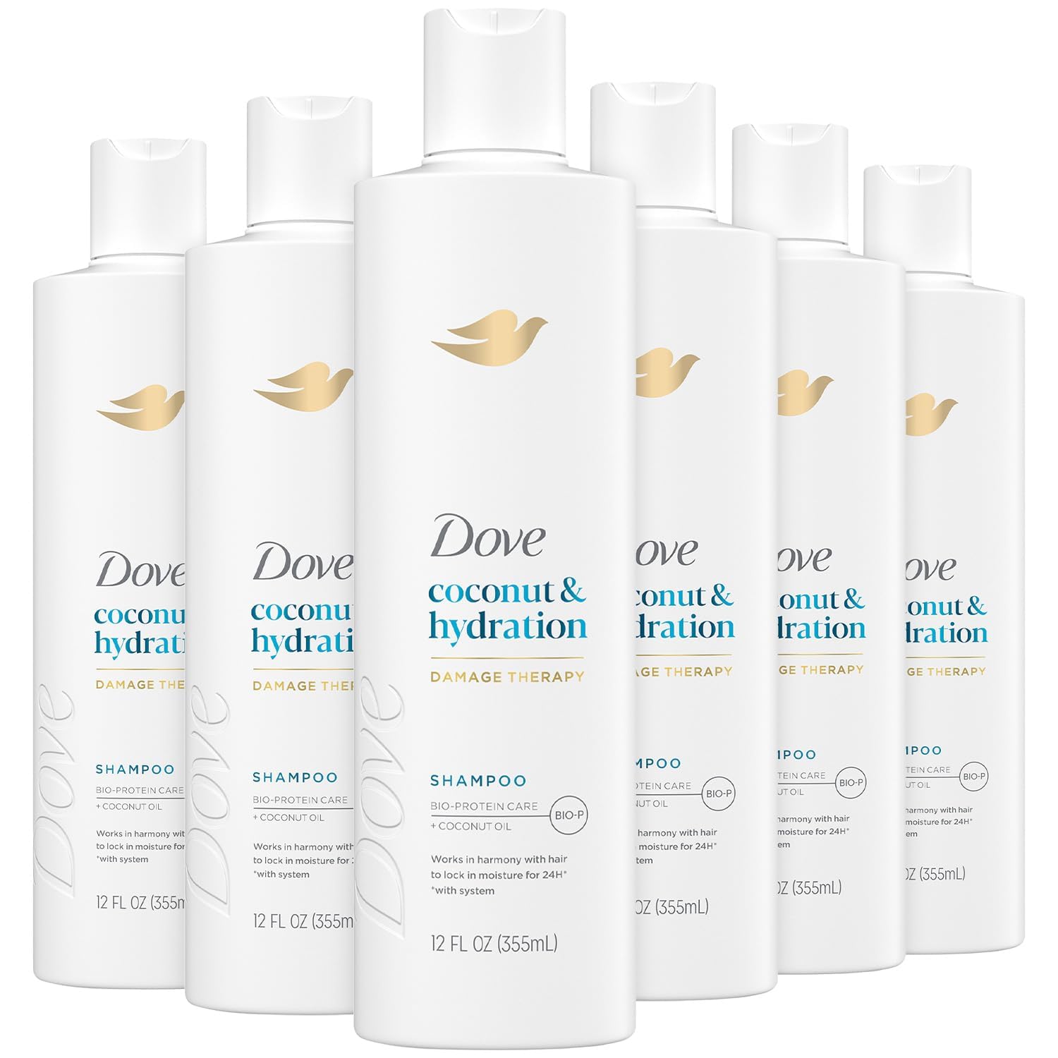 Dove Damage Therapy Shampoo 6-pack bottle close-up showing coconut hydration benefits.