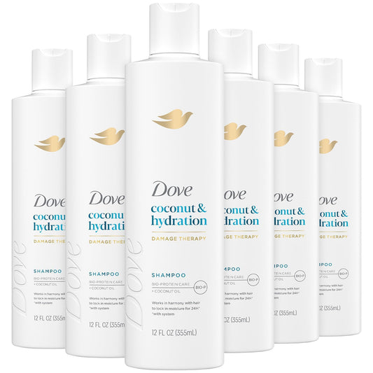 Dove Damage Therapy Shampoo 6-pack bottle close-up showing coconut hydration benefits.