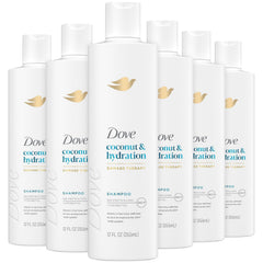 Dove Damage Therapy Shampoo 6-pack bottle close-up showing coconut hydration benefits.