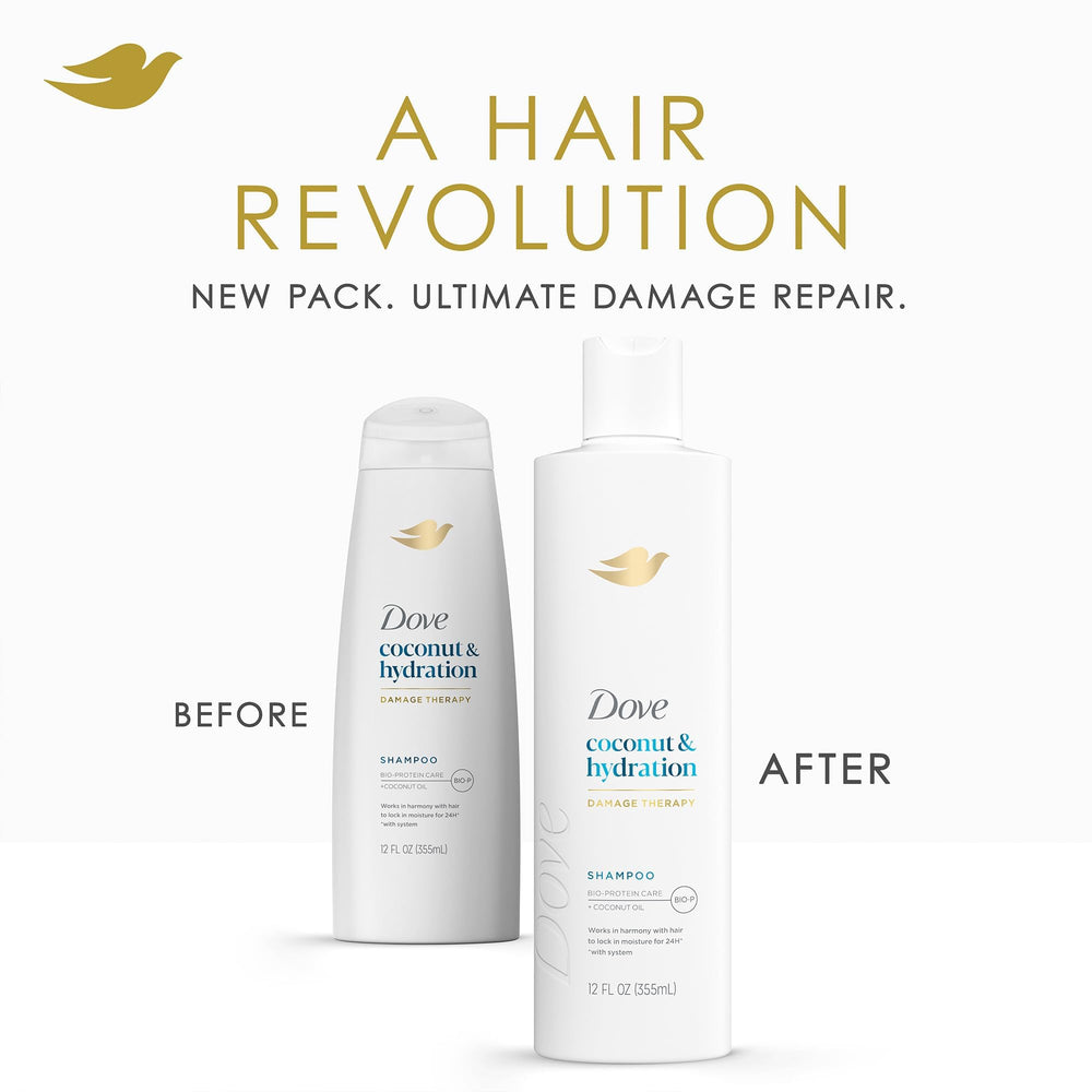 Dove Damage Therapy Shampoo coconut water splash signals lightweight hydration for shine.