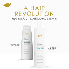Dove Damage Therapy Shampoo coconut water splash signals lightweight hydration for shine.