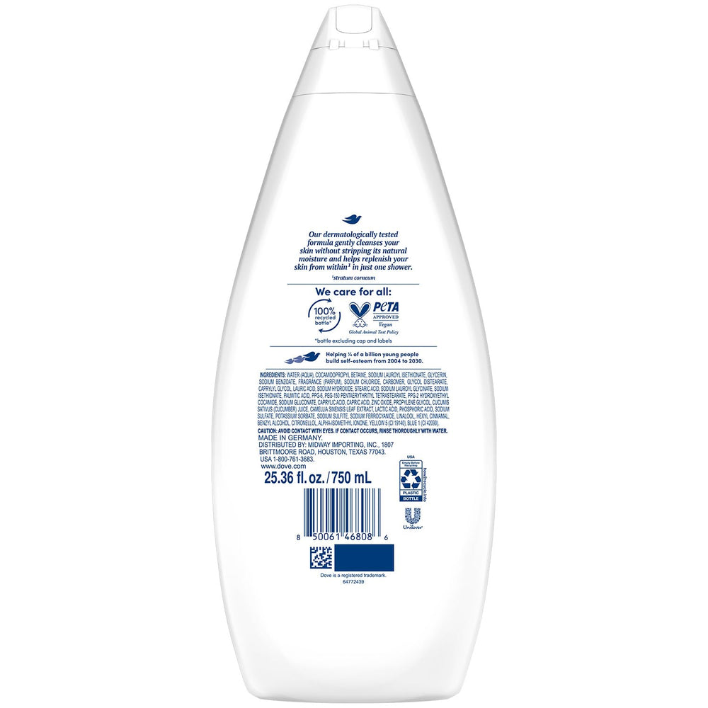 Dove Deep Moisture bottle close-up highlighting moisturized skin.