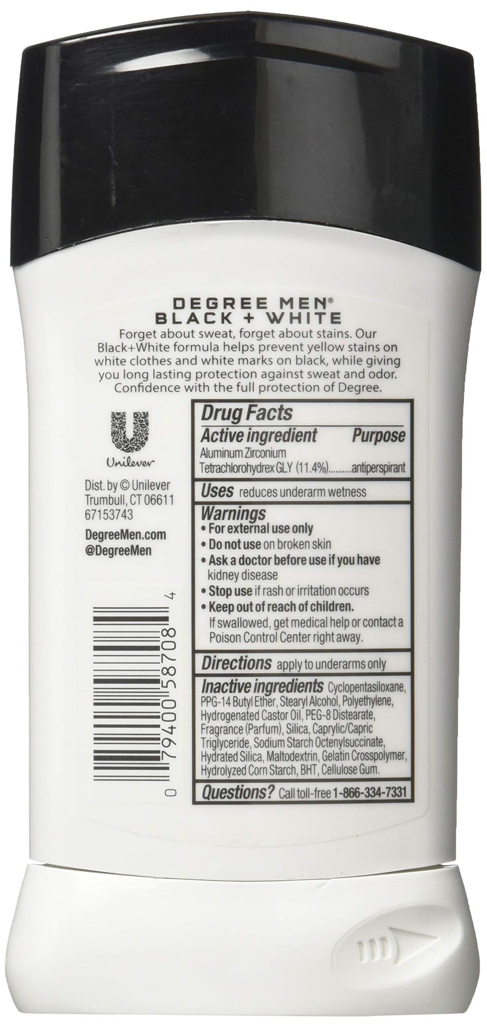 Back view of Dove Degree deodorant; anti-yellow stains and white marks