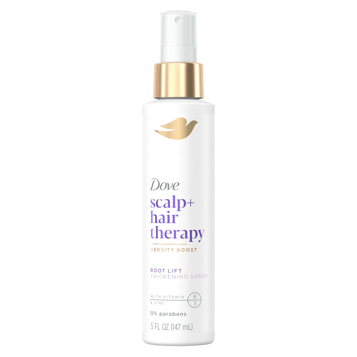 Dove Density Boost Root Lift bottle pour showing sulfate-free formula for gentle scalp care.