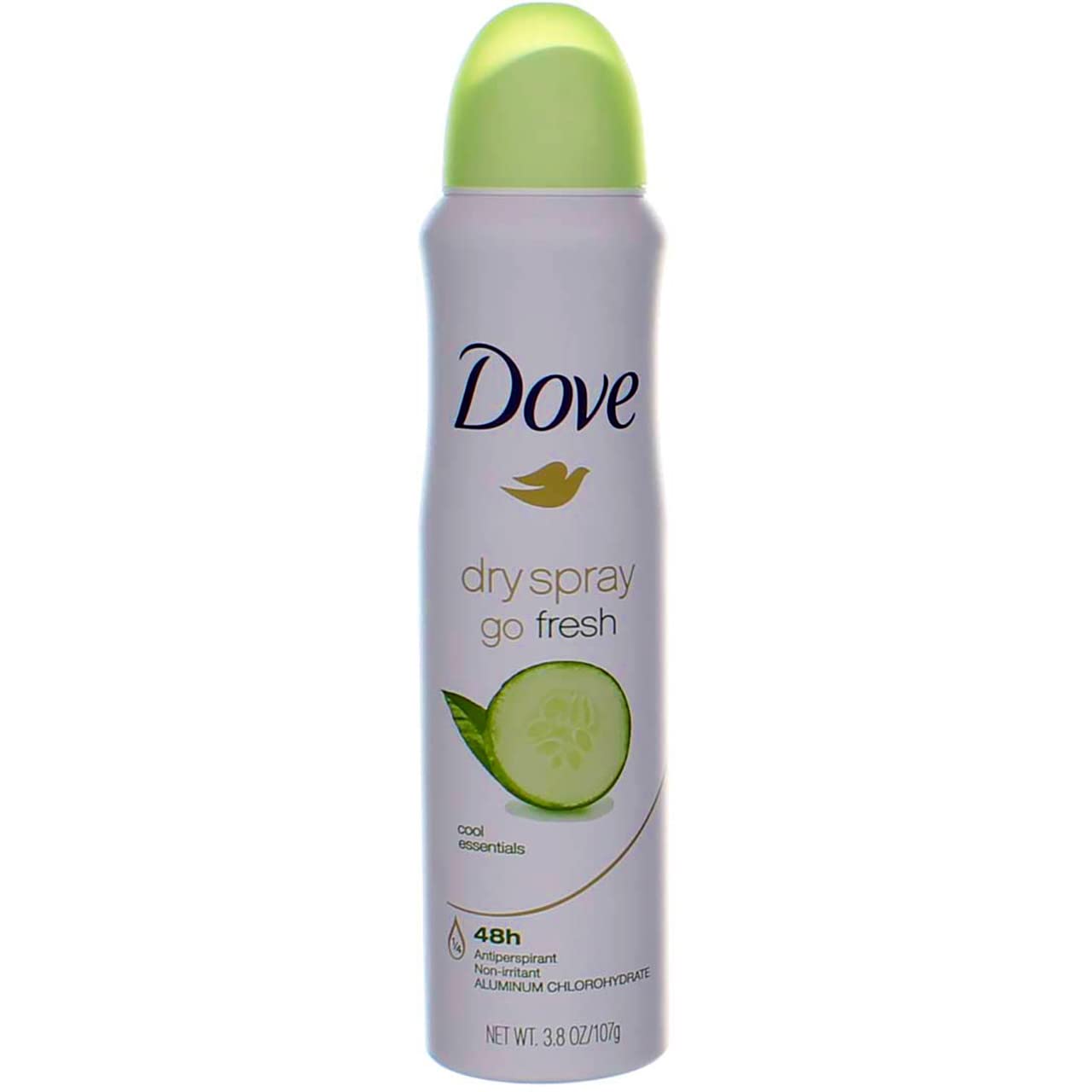 Dove Dry Spray Cool Essentials bottle closeup showing instant dry feel