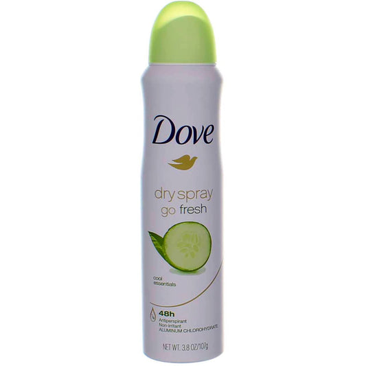 Dove Dry Spray Cool Essentials bottle closeup showing instant dry feel