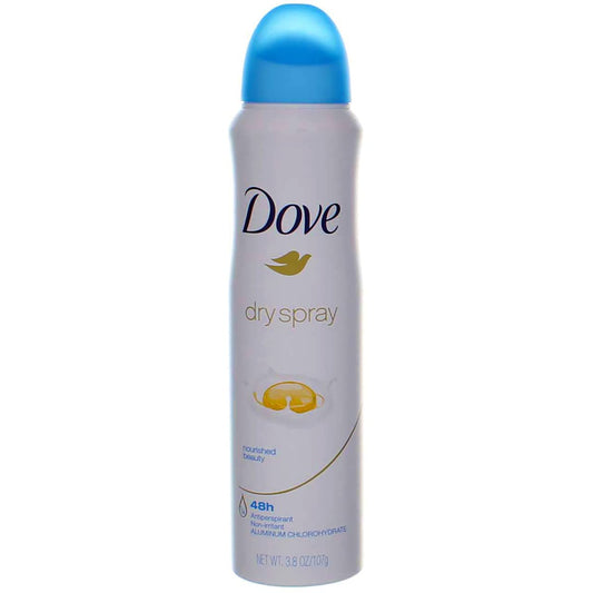 Dove Nourished Beauty dry spray bottle front view with packaging and daily-use appeal