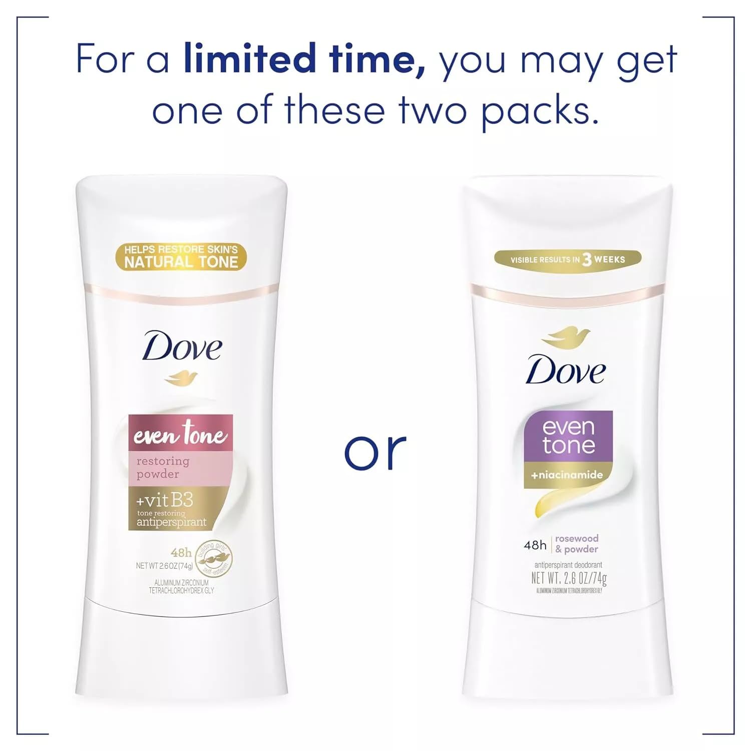 Dove Even Tone niacinamide underarm ingredients show a skin restoring complex.