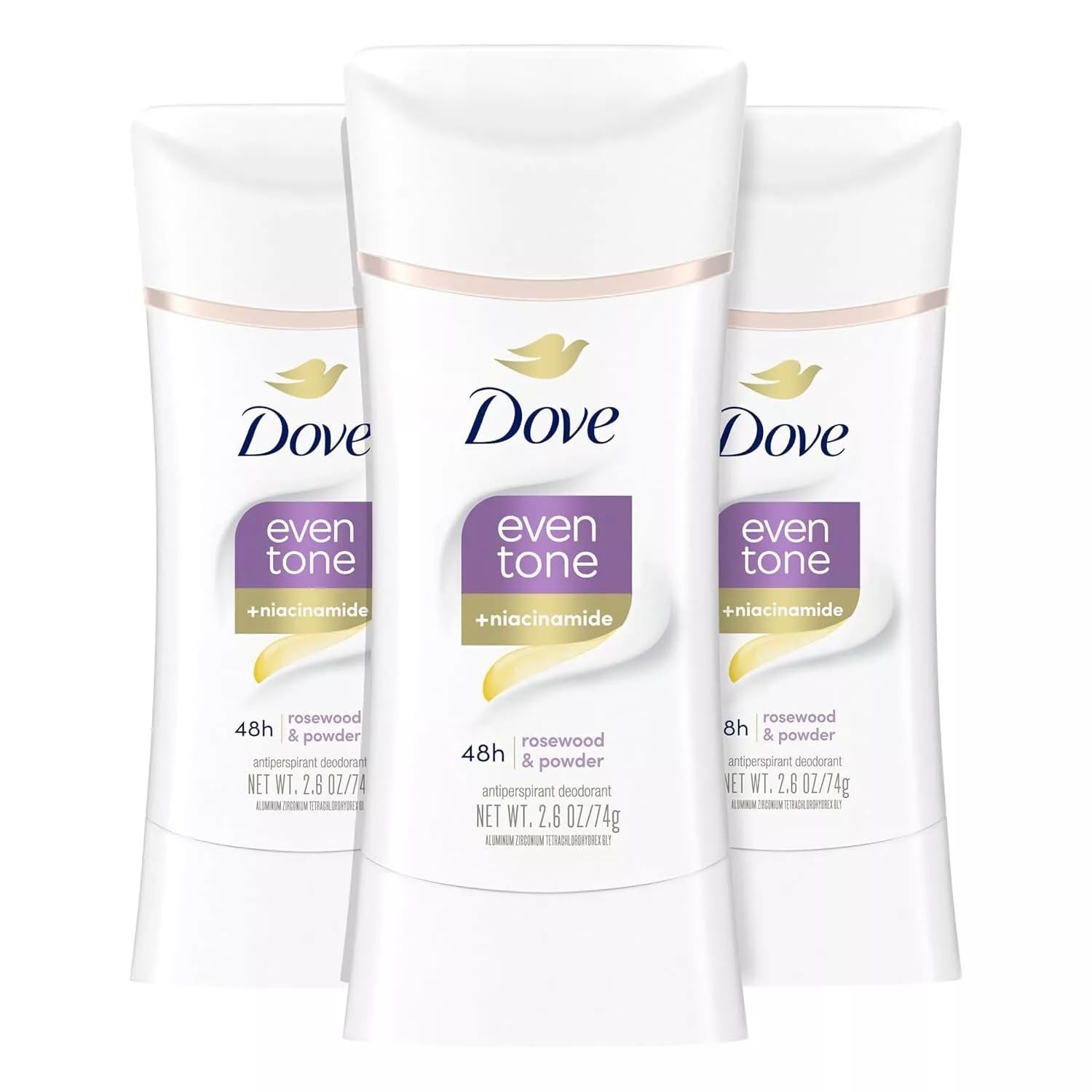 Dove Even Tone rosewood powder stick application offers a smooth glide for all day freshness.