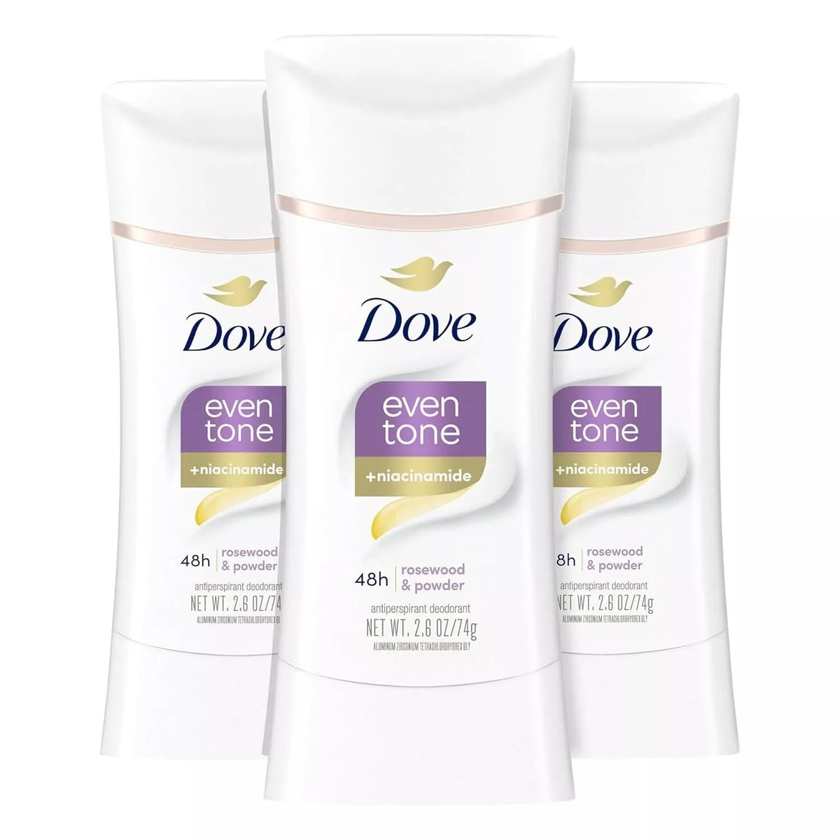 Dove Even Tone rosewood powder stick application offers a smooth glide for all day freshness.