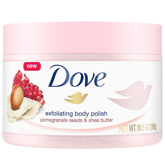 Dove Exfoliating Body Polish jar with pomegranate focus for silky, refreshed skin